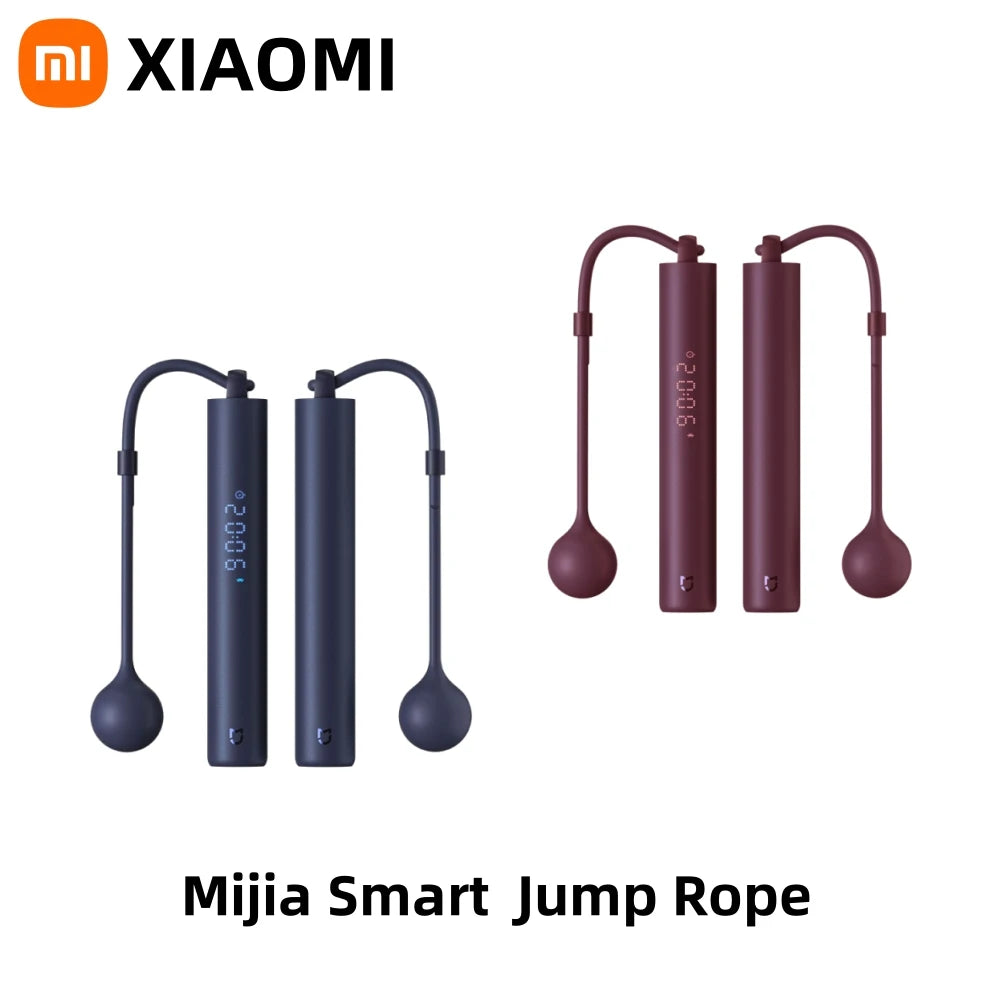 Xiaomi Mijia Smart Jump Rope XMSR-P803 in blue and red, featuring cordless weighted ball mode and LED display